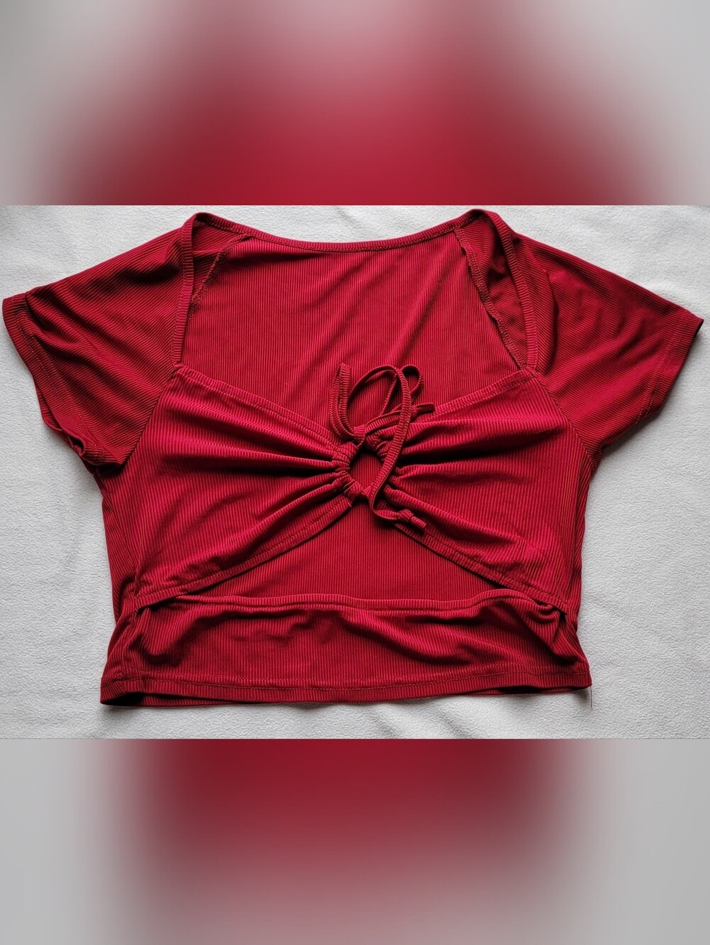 Red Ribbed Tie-Front Crop Top